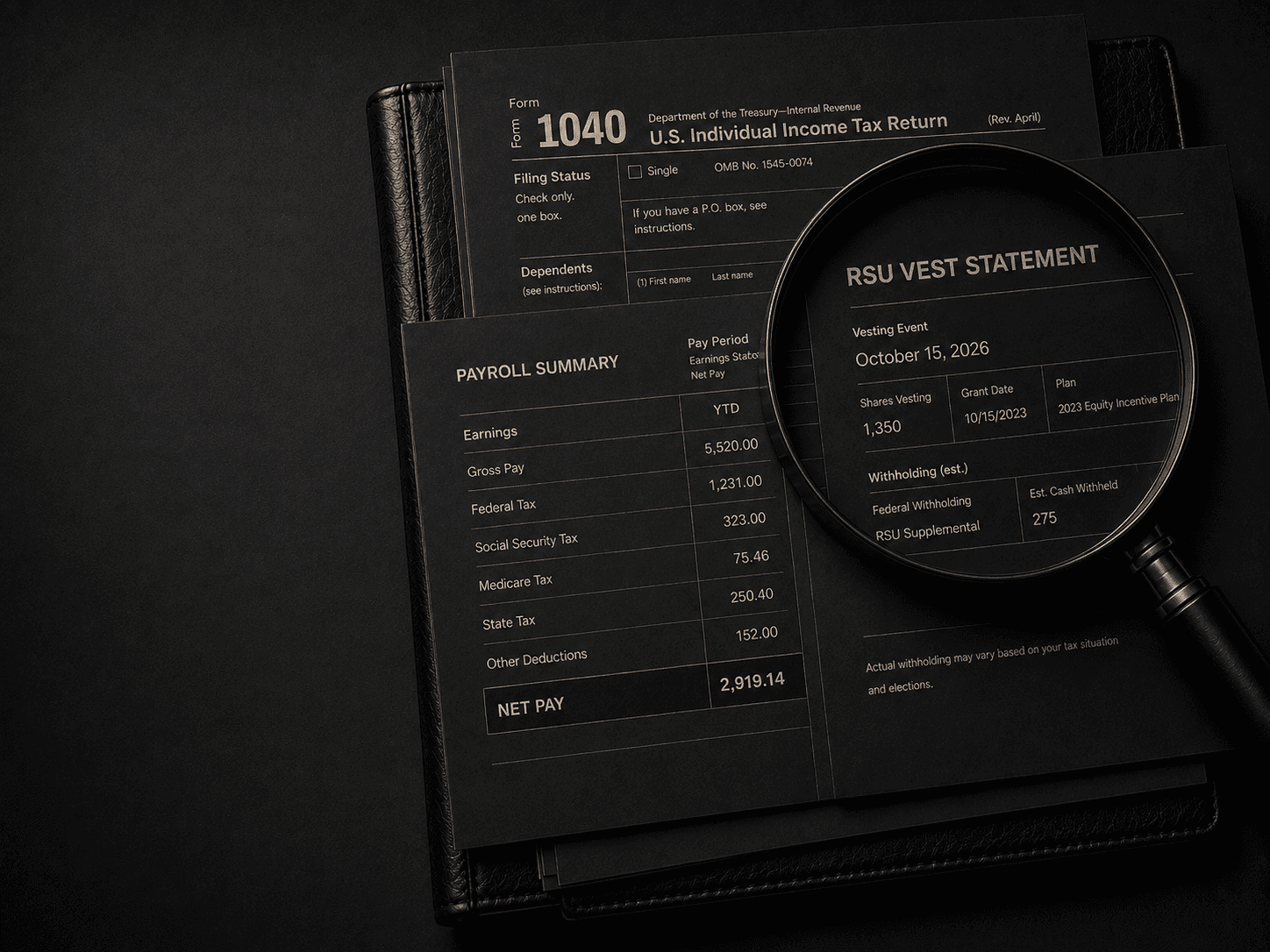 A 1040 return, a payroll summary and an RSU vest statement laid on a leather folio, with a magnifier over the vest statement.