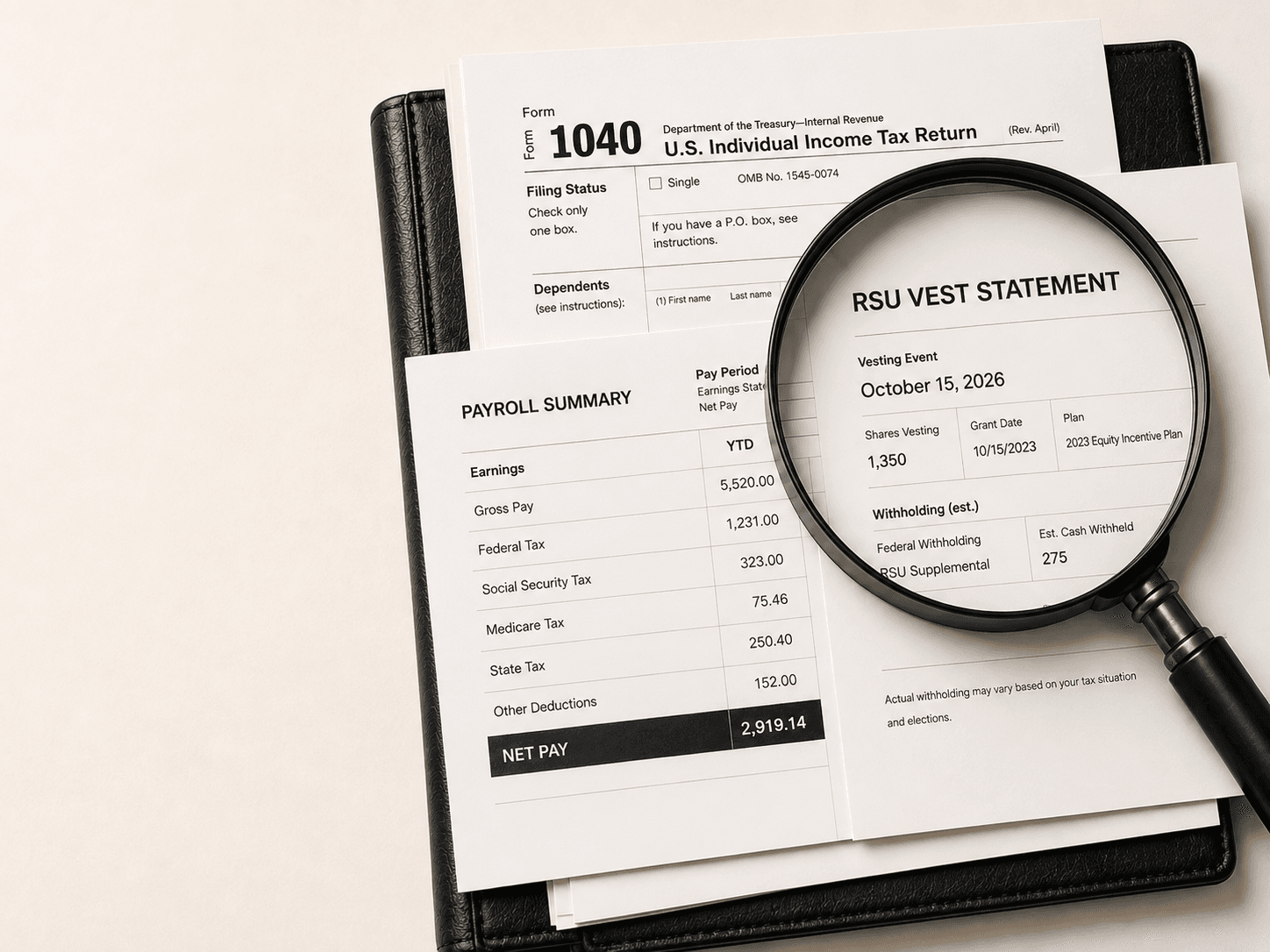 A 1040 return, a payroll summary and an RSU vest statement laid on a leather folio, with a magnifier over the vest statement.